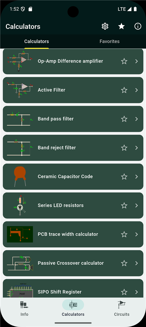 App calculator list with filters, amplifiers and component tools.